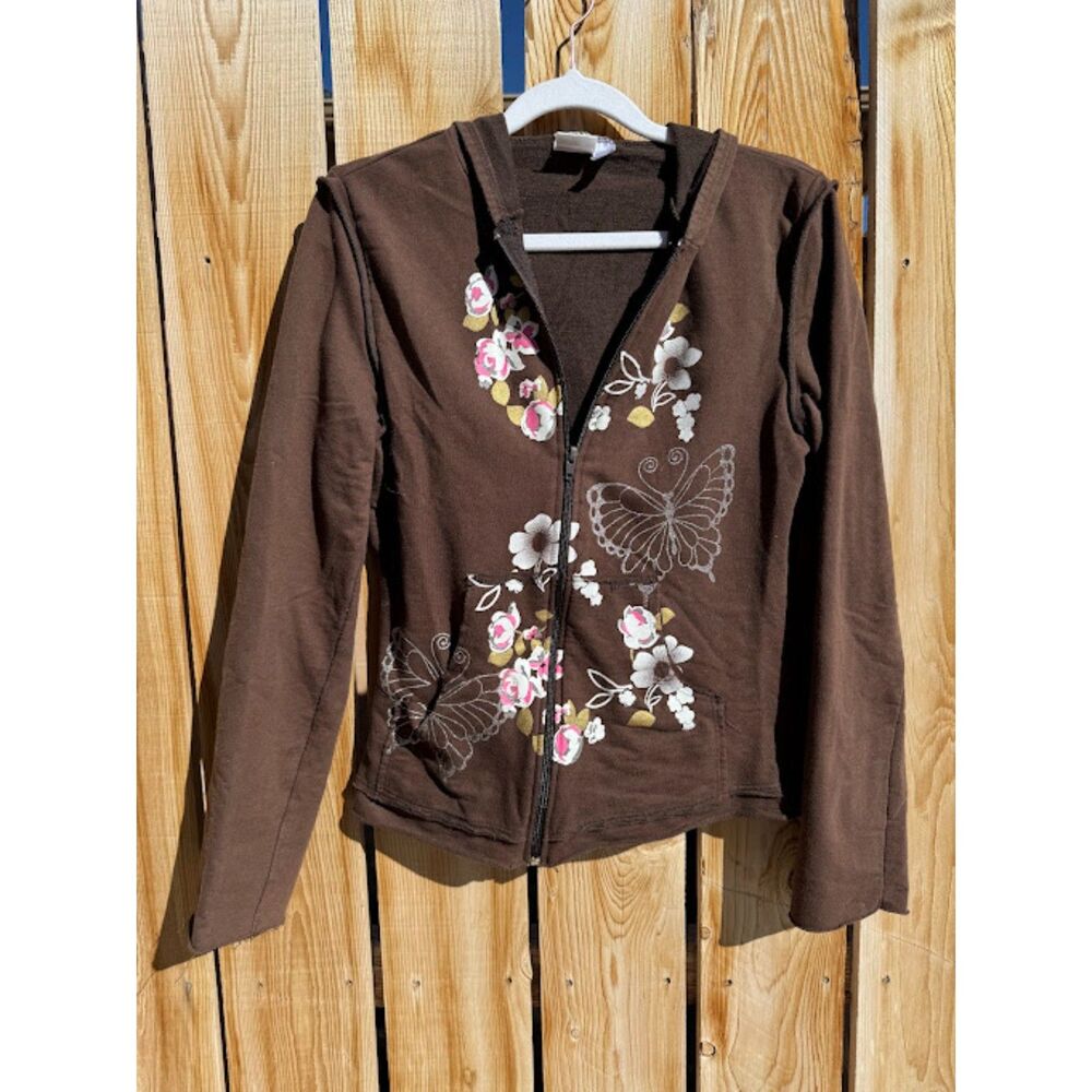 Monroe & Main Women's Brown Y2K Floral Butterfly Barbie Hooded Full Zip Jacket S